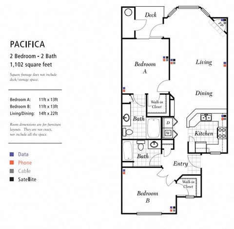 Floor plan for 2 beds, 2 baths, 1102 sqft